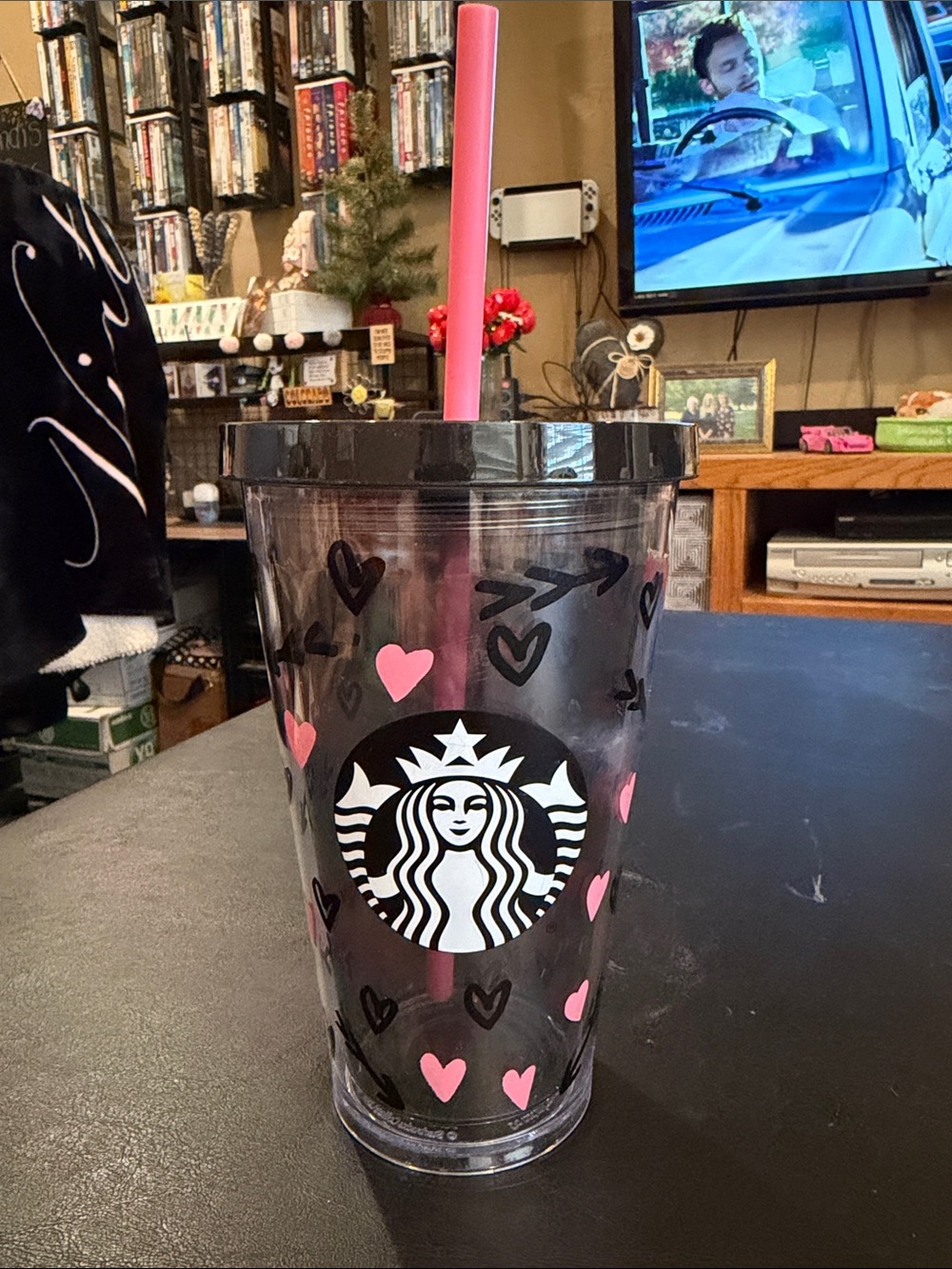 Starbucks Clear Tumbler with Pink Hearts and Black Lid